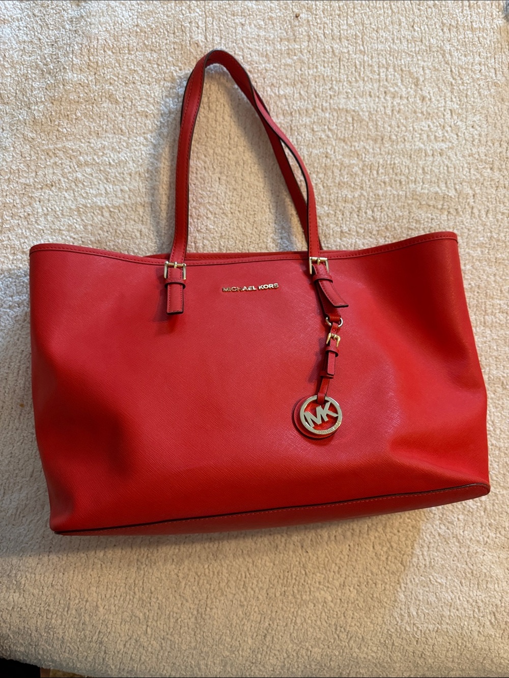 Michael Kors Red Leather Tote with Gold MK Charm